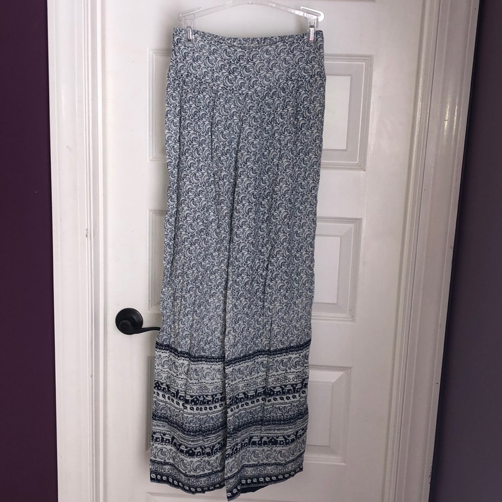 Blue and White Patterned Flowy Pants